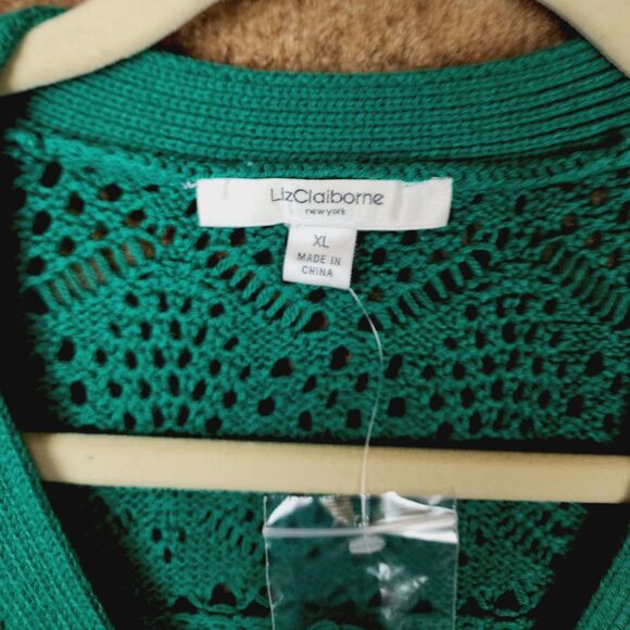 NWOT Liz Claiborne Women Green Button-Up L/S Cardigan XL V-Neck Open Weave Knit - Picture 8 of 9